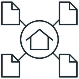 Ein Icon, das einen Kreis mit einem Haus zeigt, der mit vier Papierdokumenten verbunden ist.