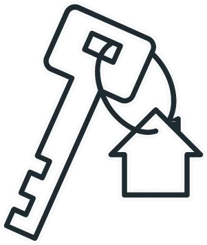 Ein Icon, das einen großen Schlüssel zeigt, an dem ein weiters Icon von einem linearen Haus zu sehen ist.