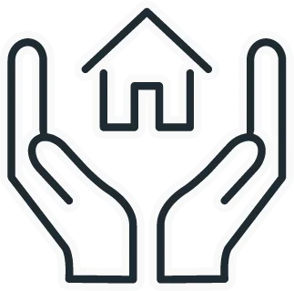 Ein Icon, das zwei geöffnete Hände zeigt, die ein Haus halten.