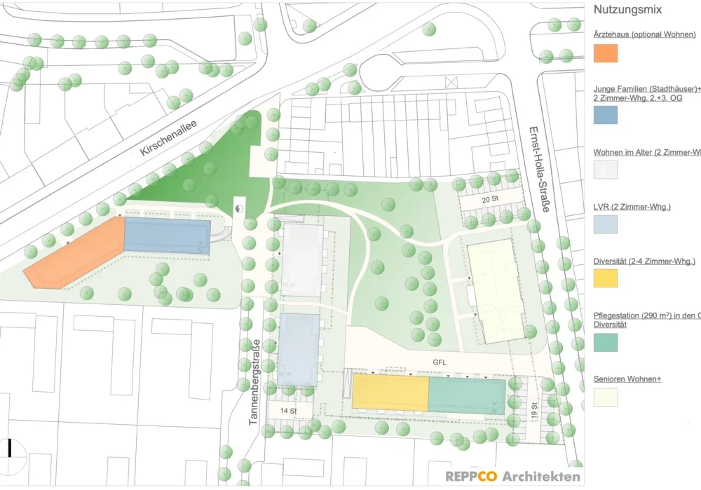 Ein technische Zeichnung der Tannenbergstrasse in Moers aus der Vogelperspektive.